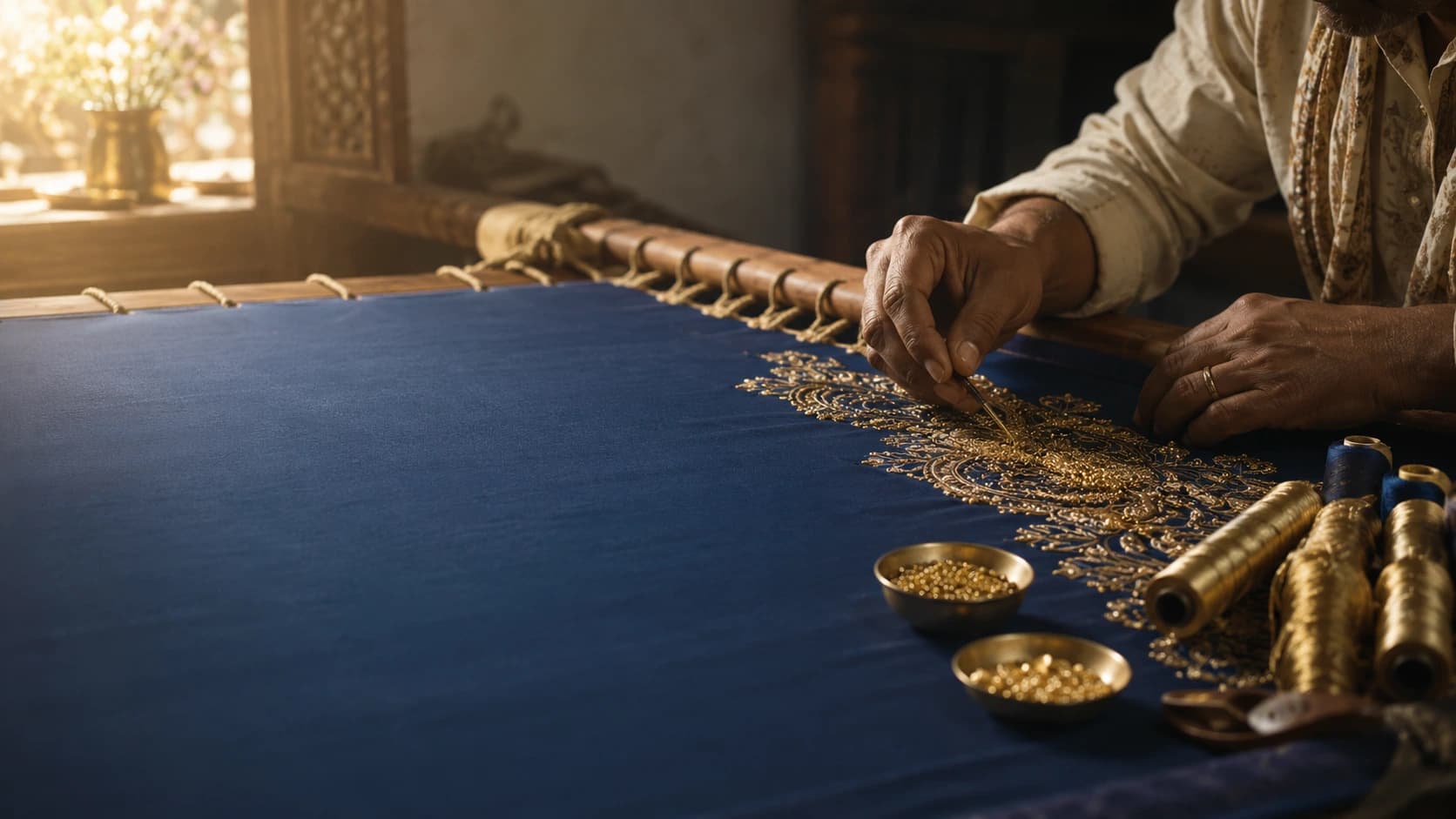 An artisan hand-embroidering gold zardozi work on deep blue silk